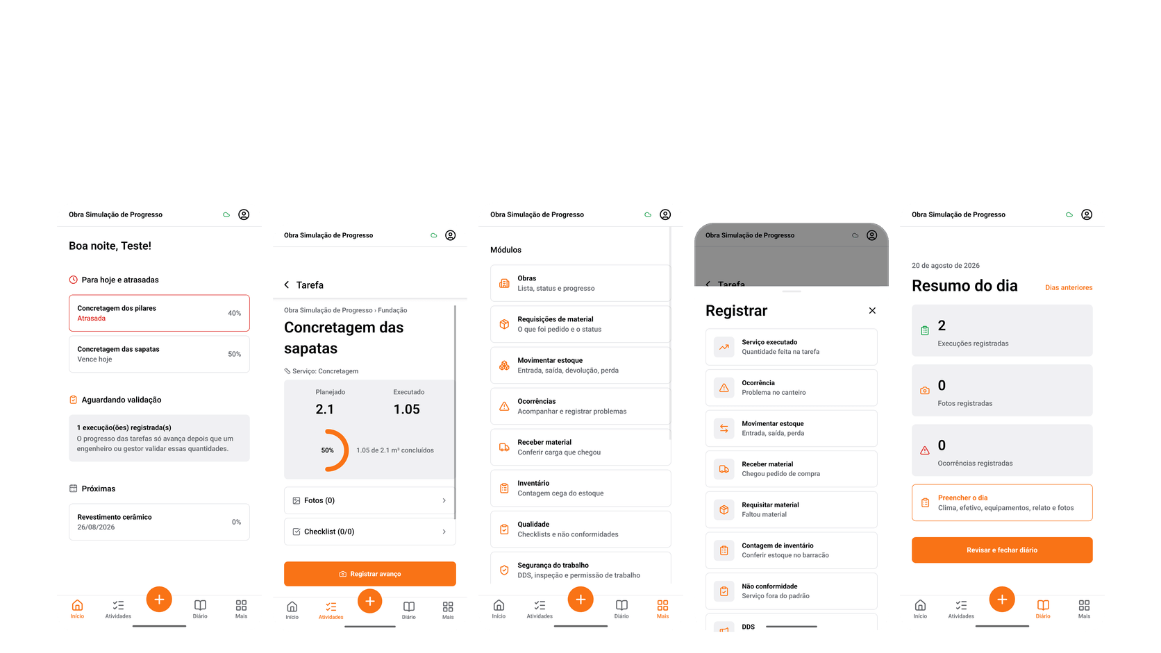 Telas do app SODARI CAMPO no tema claro: dashboard de progresso da obra, execução de tarefa, módulos de campo, menu de registro e diário de obra